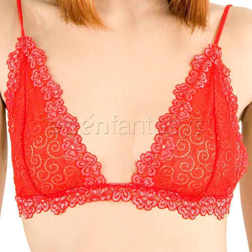 Product: Lace bra, garter with g-string, and stocking