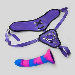 Wide back vegan harness and 6 3/4" silicone dildo set