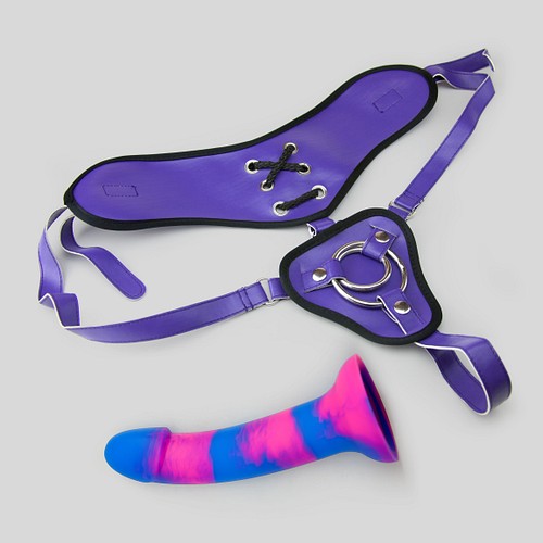 Wide back vegan harness and 6 3/4" silicone dildo set